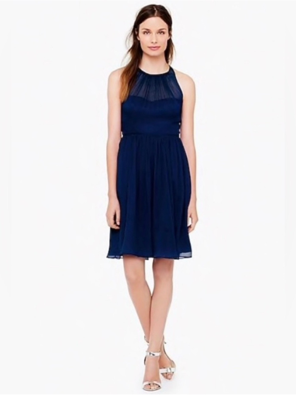 J.Crew Megan Dress 100% Pleated Silk Chiffon Navy Sz 6P Cocktail Bridesmaid